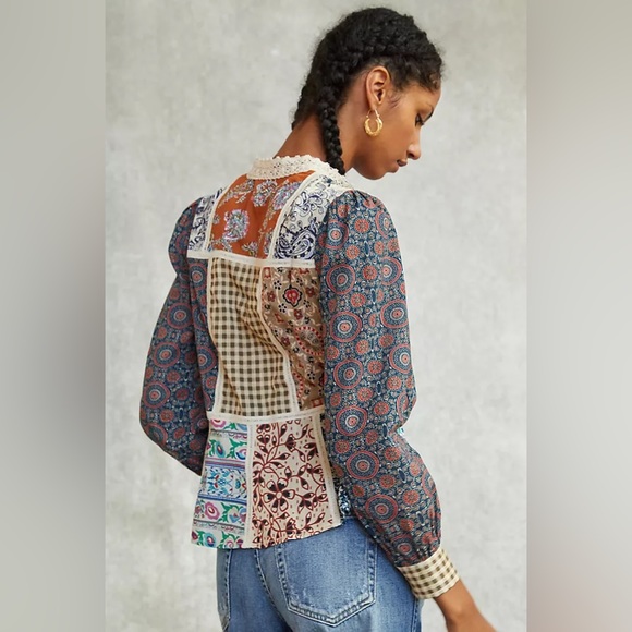 ✨ Anthropologie Printed Patchwork Blouse Sz 8 - Picture 3 of 7